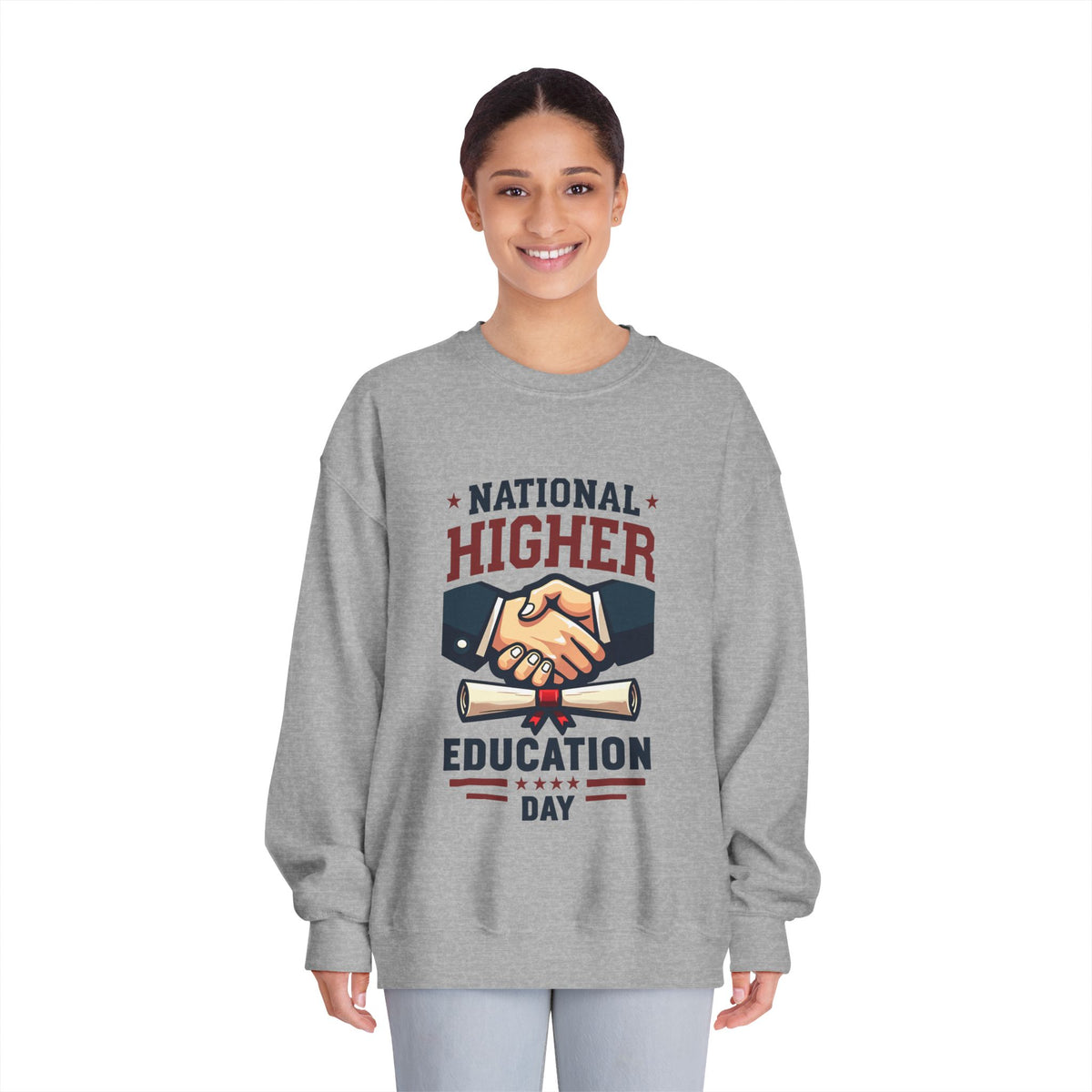 National Higher Ed Day Sweatshirt | Diploma & Handshake Design | Grad Gift